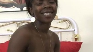 Ebony playgirl with small tits sucking white cock and giving handjob