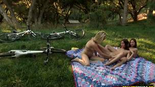 It started when Cassie Laine,Lia Lor and Shyla Jennings went for a bike trip but it was too hot, so they had to take a break. One of the angels took her clothes off to phat down and...
